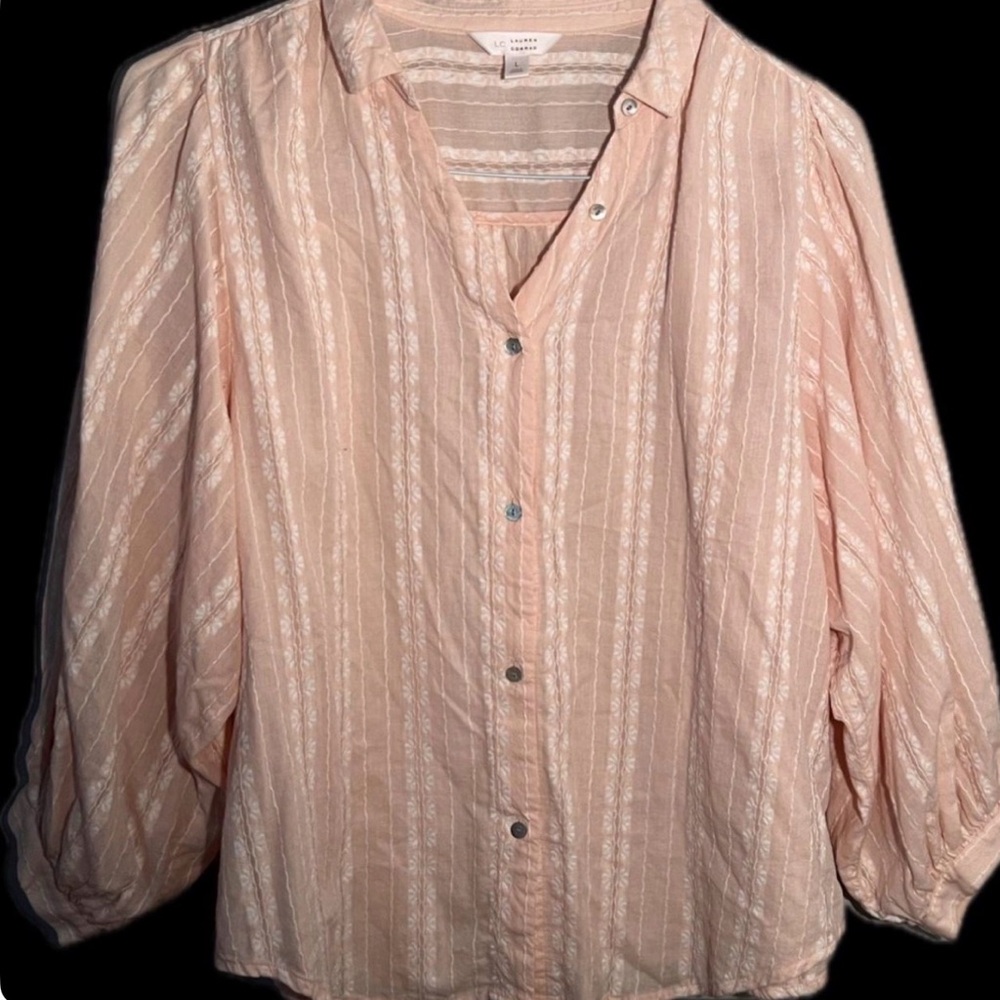 Lauren Conrad Peach Floral Stripe Cotton Blouse Boho Cottagecore Top L